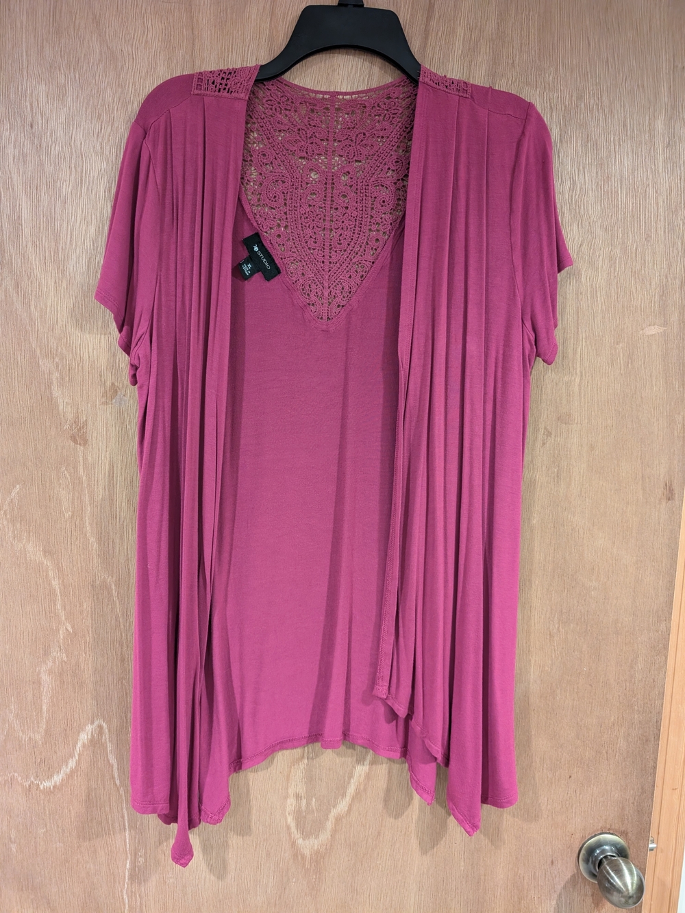 AB Studio Mauve Lace-Back Draped Open Cardigan Top